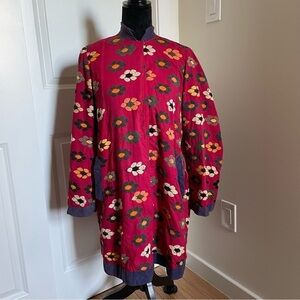 Vintage Red Handmade Indian Snap-Front Floral Embroidered Kurta/Kurtis Size 8